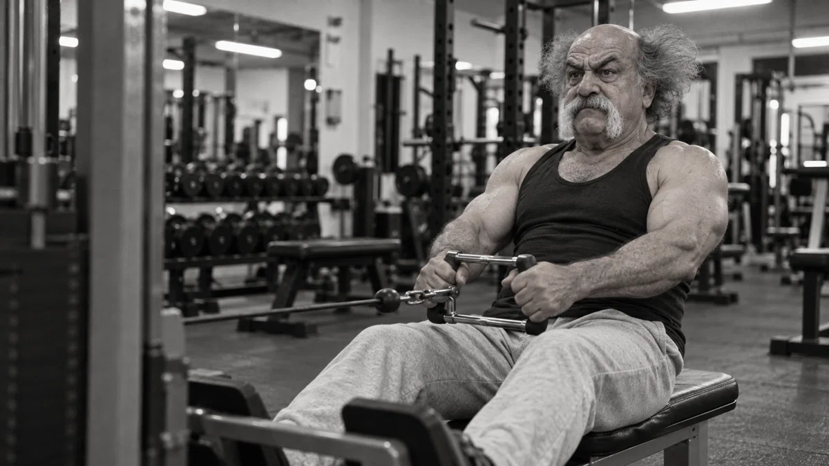 Mestre Pim treinando em uma máquina de musculação