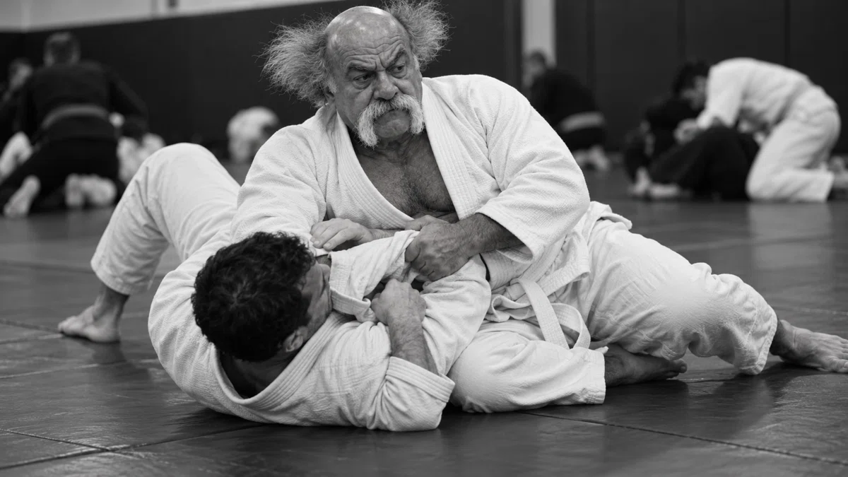 Mestre Pim treinando jiu-jítsu no tatame