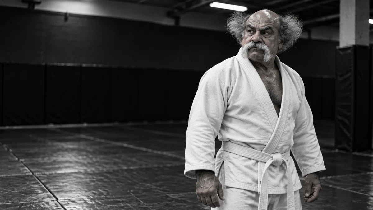 Mestre Pim de kimono branco e faixa branca